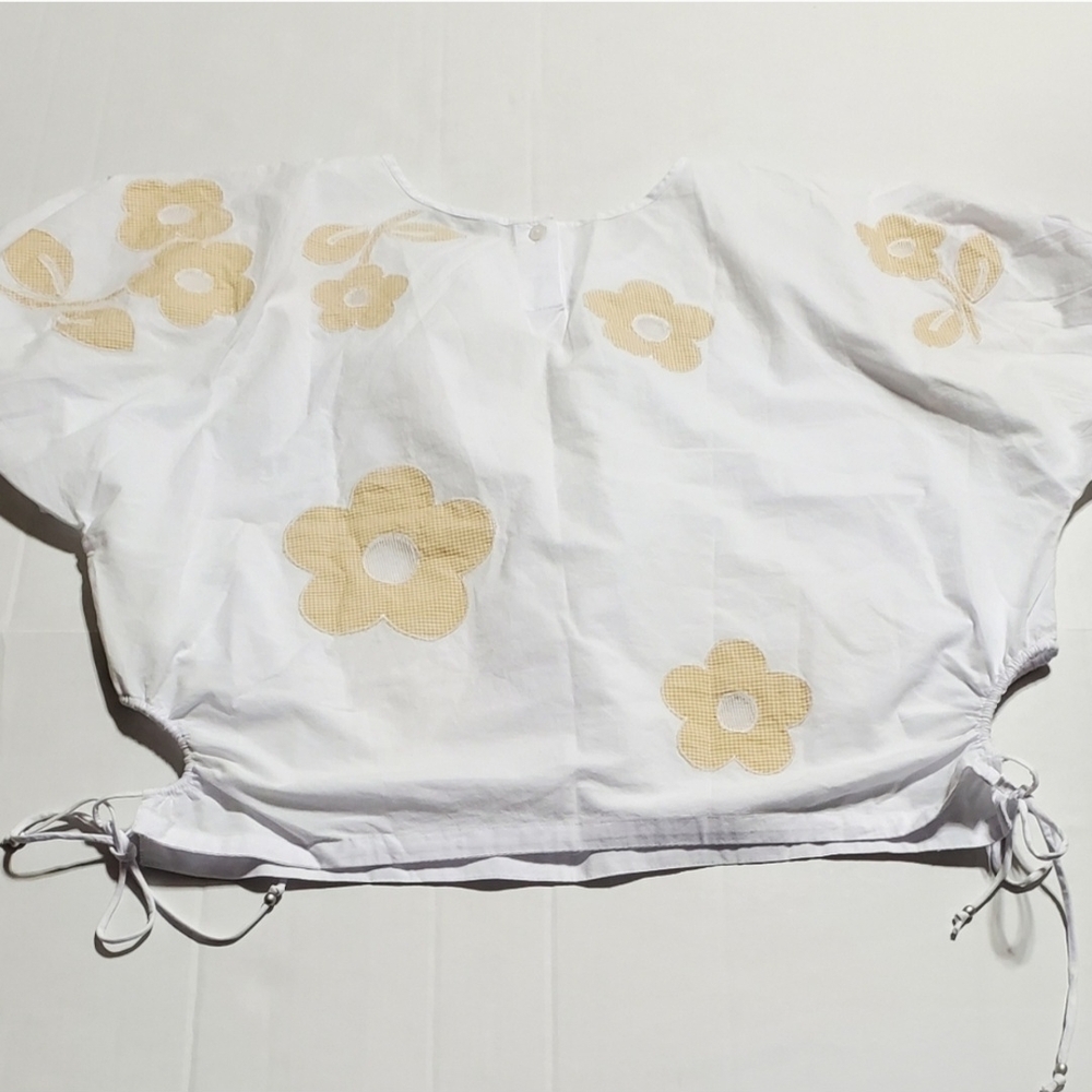 Madewell White Ruched Linen Crop Blouse with Yellow Accents